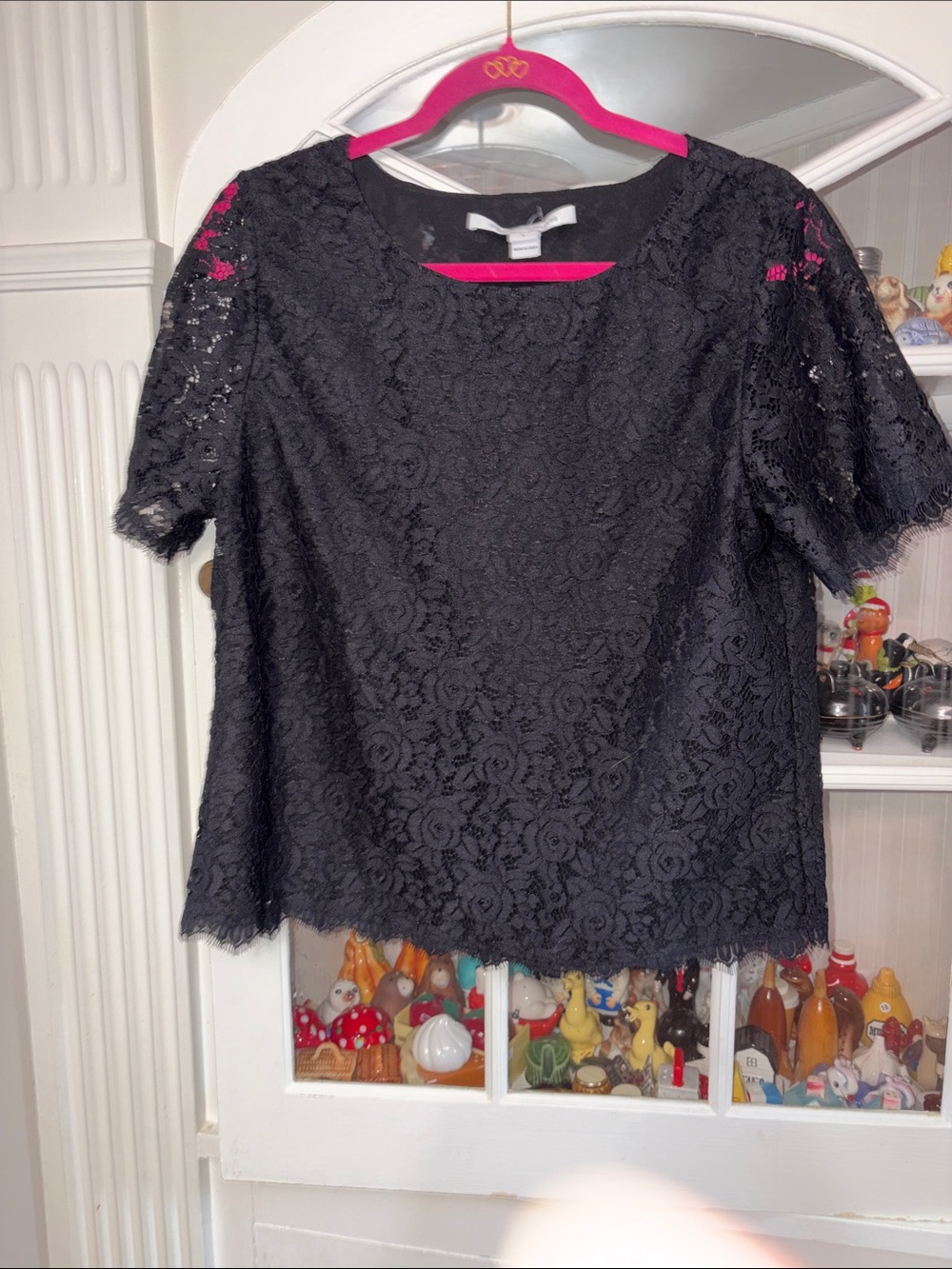 Diane Von Furstenberg Black Floral Lace Short-Sleeve Top